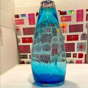 Vintage Blenko style Turquoise StunningCrackle Blue Hand Blown Art Glass Vase